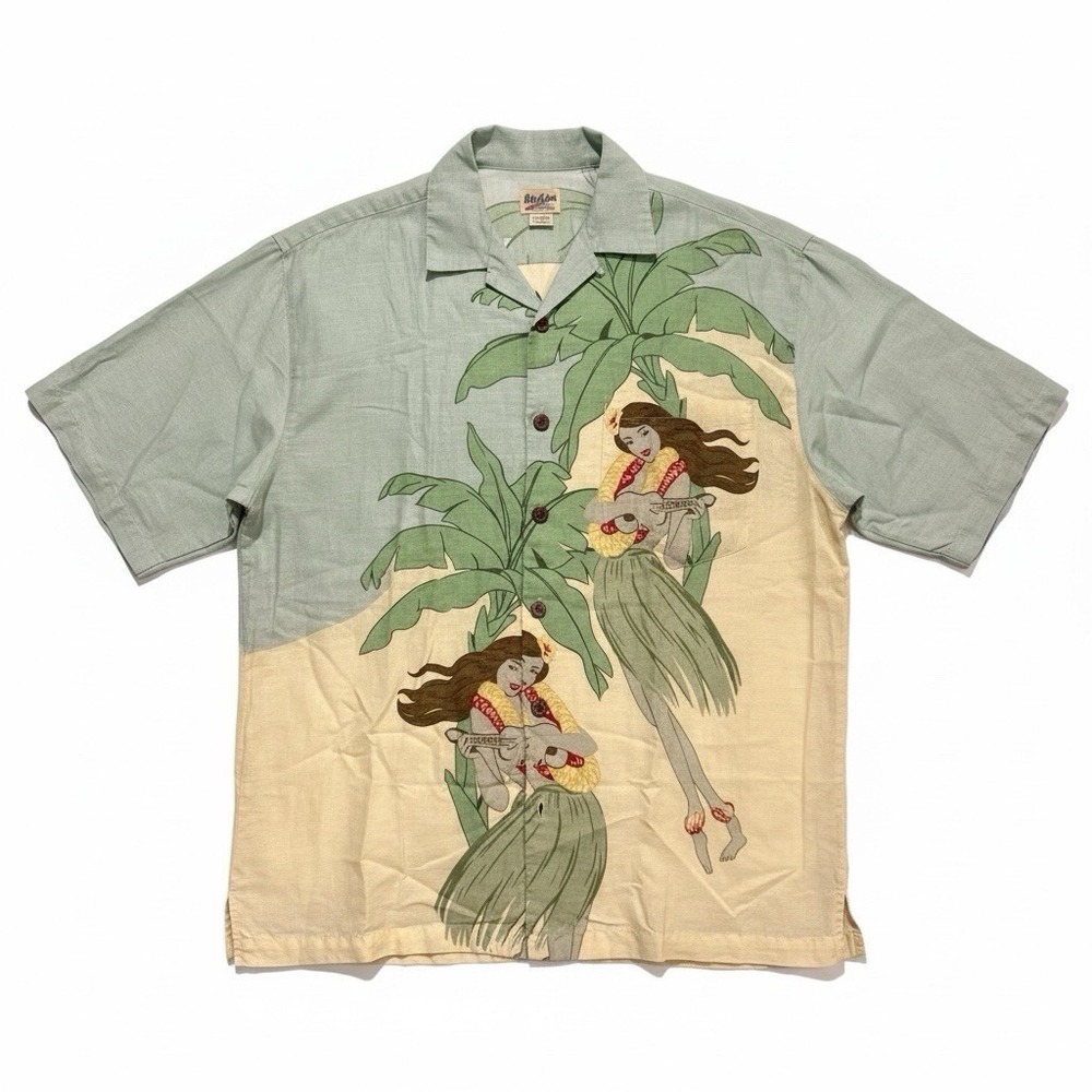 Tommy Bahama Camp Shirt Mens L Green‎ Tropical Hawaiian Hula Girl Ukelele Aloha